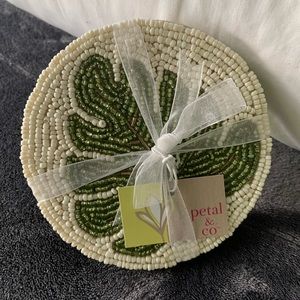 NWT Beaded Green Leaf Print Coasters Set of 4